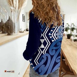 New Zealand Women Casual Shirt Aotearoa Kowhaiwhai Mix Taniko Art - Blue LT14