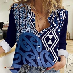 New Zealand Women Casual Shirt Aotearoa Kowhaiwhai Mix Taniko Art - Blue LT14