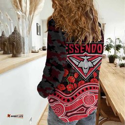 Essendon Bombers ANZAC Day Women Casual Shirt Indigenous Dot Art with Poppy Flower Tribute TS04