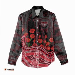 Essendon Bombers ANZAC Day Women Casual Shirt Indigenous Dot Art with Poppy Flower Tribute TS04