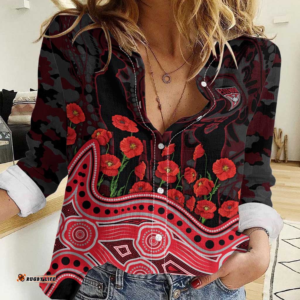 Essendon Bombers ANZAC Day Women Casual Shirt Indigenous Dot Art with Poppy Flower Tribute TS04