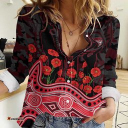 Essendon Bombers ANZAC Day Women Casual Shirt Indigenous Dot Art with Poppy Flower Tribute TS04