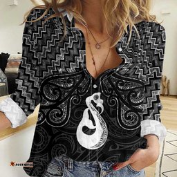 New Zealand Maori Women Casual Shirt Poutama Manaia Black Paua Shell LT05