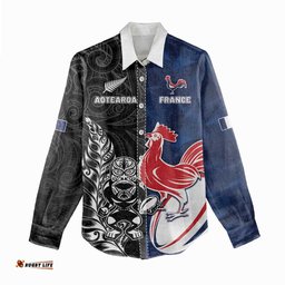 France And New Zealand Rugby Custom Women Casual Shirt Les Bleus Rooster With Maori Tiki LT05