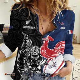France And New Zealand Rugby Custom Women Casual Shirt Les Bleus Rooster With Maori Tiki LT05