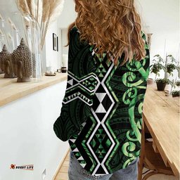 Green Aotearoa Women Casual Shirt Taniko Motifs With Paua Shell Kowhaiwhai LT14