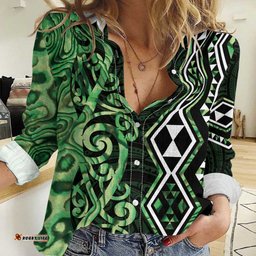 Green Aotearoa Women Casual Shirt Taniko Motifs With Paua Shell Kowhaiwhai LT14