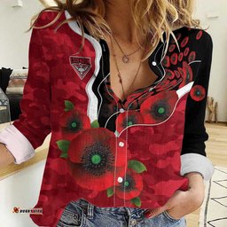 Essendon Bombers ANZAC Personalised Women Casual Shirt Lest We Forget Poppy Camo LT9