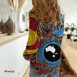 Personalised Australia and Fiji Together Women Casual Shirt Tribal Palm Tree with Tapa and Aboriginal Animals Half Style LT03