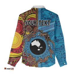 Personalised Australia and Fiji Together Women Casual Shirt Tribal Palm Tree with Tapa and Aboriginal Animals Half Style LT03