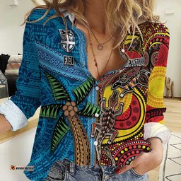Personalised Australia and Fiji Together Women Casual Shirt Tribal Palm Tree with Tapa and Aboriginal Animals Half Style LT03