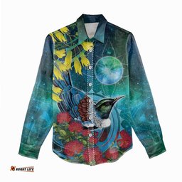 New Zealand Tui Bird Women Casual Shirt Maori Koru With Pohutukawa Galaxy Style LT05