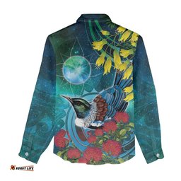New Zealand Tui Bird Women Casual Shirt Maori Koru With Pohutukawa Galaxy Style LT05