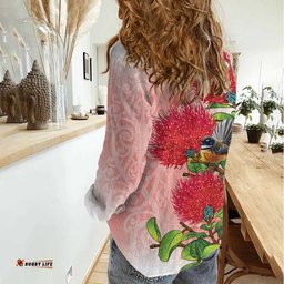 New Zealand Fantail Women Casual Shirt Maori Koru With Pohutukawa Flowers LT05