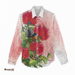 New Zealand Fantail Women Casual Shirt Maori Koru With Pohutukawa Flowers LT05