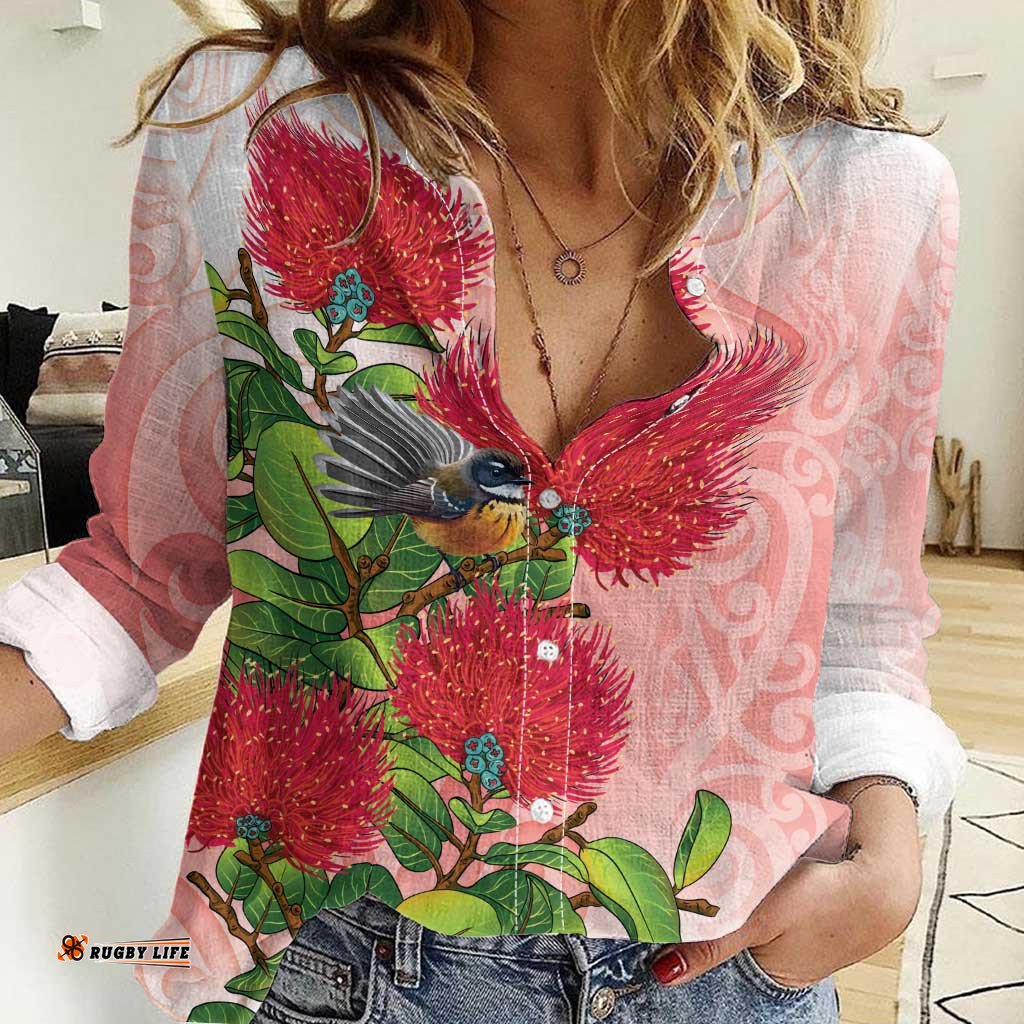 New Zealand Fantail Women Casual Shirt Maori Koru With Pohutukawa Flowers LT05