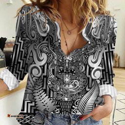 Custom New Zealand Taiaha Maori Women Casual Shirt Kiwikiwi Minimalist Silver Fern Tukutuku Motif LT9