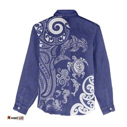 New Zealand Sea Animals with Maori Tribal Tattoo Women Casual Shirt Blue Color LT03