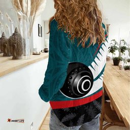 Personalised Aotearoa Lawn Bowls Women Casual Shirt Maori and Silver Fern Sporty Style Teal Color LT03