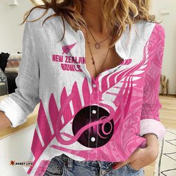 New Zealand Lawn Bowls Breast Cancer Custom Women Casual Shirt Aotearoa Maori Silver Fern Pink Ribbon LT14