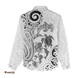New Zealand Sea Animals with Maori Tribal Tattoo Women Casual Shirt White Color LT03