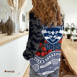 Geelong Cats ANZAC Day Women Casual Shirt Indigenous Dot Art with Poppy Flower Tribute TS04