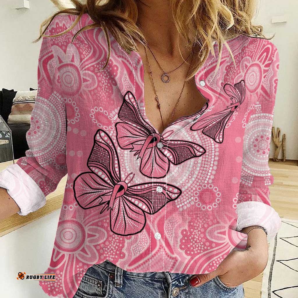 Personalized Pink Butterfly Spirit Women Casual Shirt Australias Breast Cancer Awareness LT9