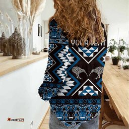 Personalised Taniko Motifs Aotearoa Women Casual Shirt Waitangi Kowhaiwhai Kiwi - Blue LT7