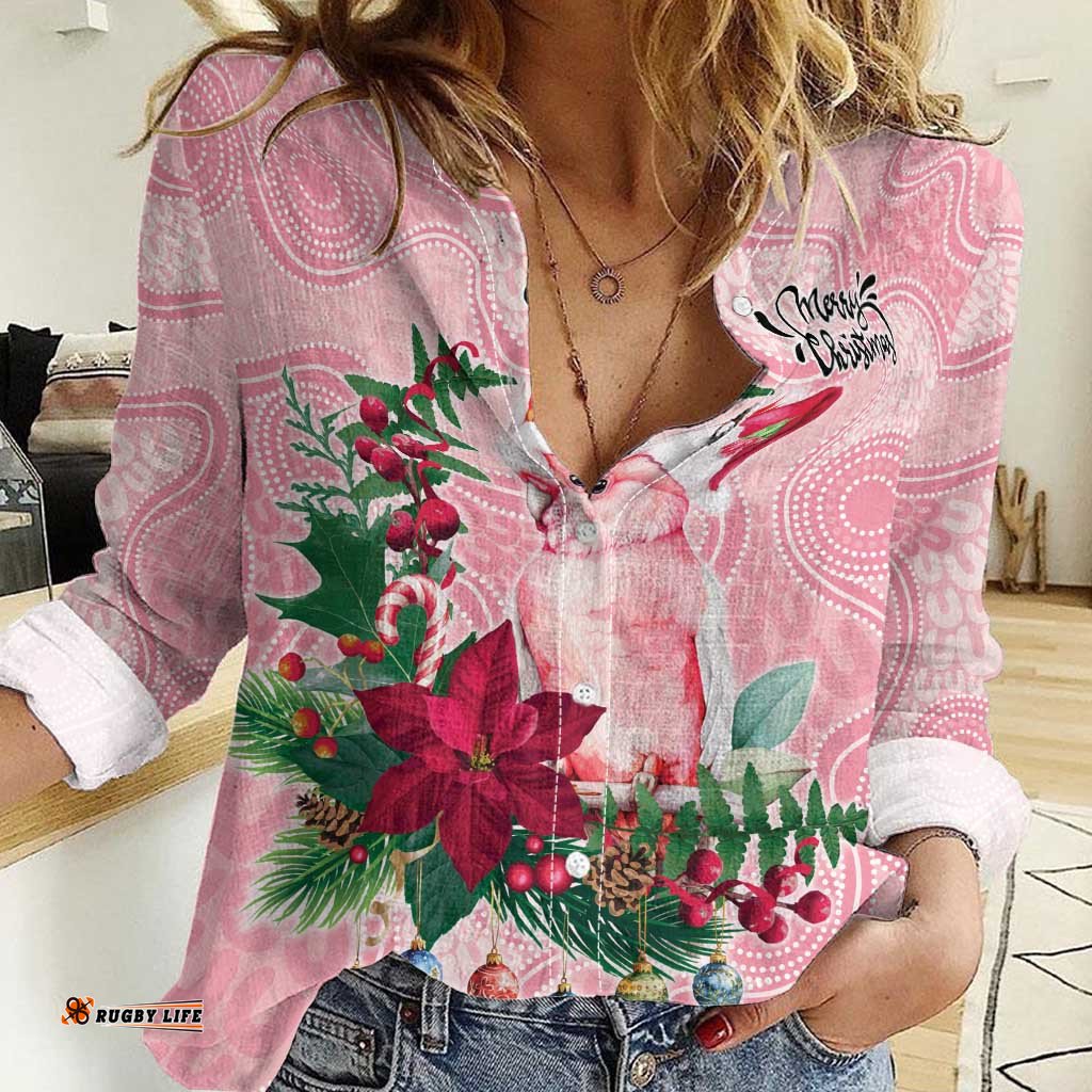 Watercolor Pink Galah Flowers Women Casual Shirt Australia Christmas Vibes LT9