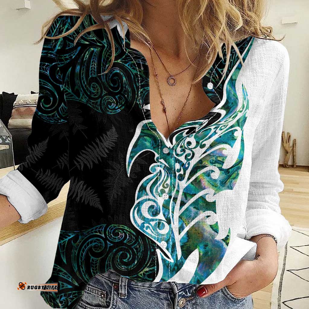 Proud Aotearoa Women Casual Shirt Maori Silver Fern Mix Paua Shell Pattern LT14