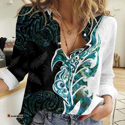 Proud Aotearoa Women Casual Shirt Maori Silver Fern Mix Paua Shell Pattern LT14