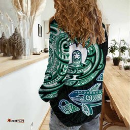 Whale and Dhari Torres Strait Islands Women Casual Shirt Deep Green Oceanic Tribal Pattern Art TS04