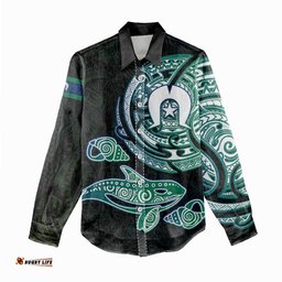 Whale and Dhari Torres Strait Islands Women Casual Shirt Deep Green Oceanic Tribal Pattern Art TS04