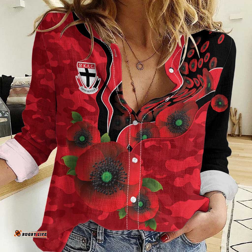St Saints ANZAC Personalised Women Casual Shirt Lest We Forget Poppy Camo LT9