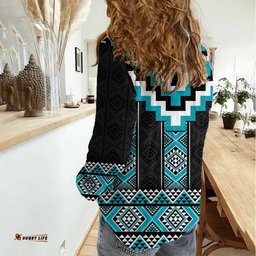 Turquoise Taniko Pattern Aotearoa Women Casual Shirt Niho Taniwha Mix Poutama LT14