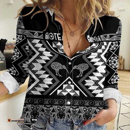 Personalised Taniko Motifs Aotearoa Women Casual Shirt Waitangi Kowhaiwhai Kiwi - Monochrome LT7