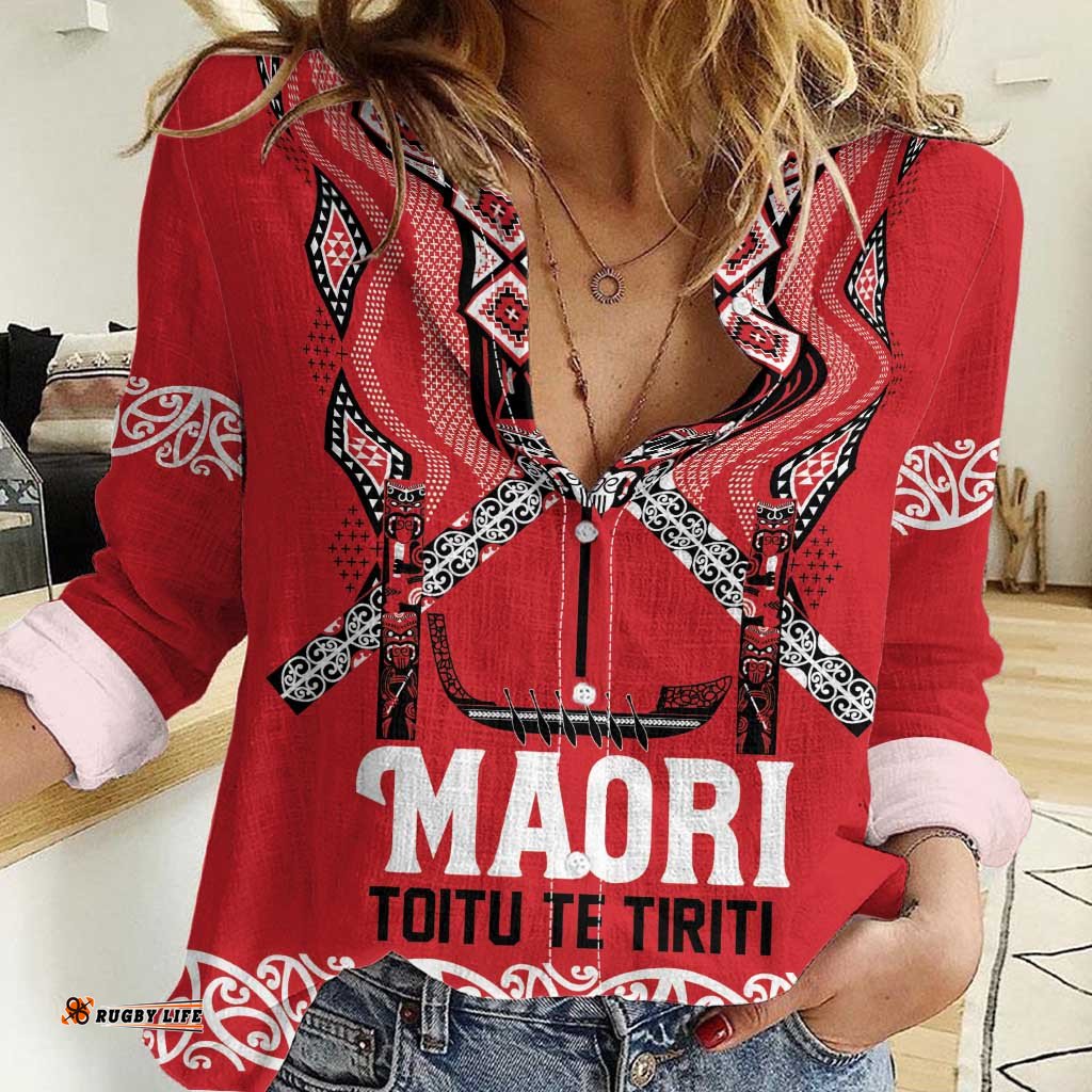 Toitu Te Tiriti Waitangi Women Casual Shirt Red Wharenui House LT9