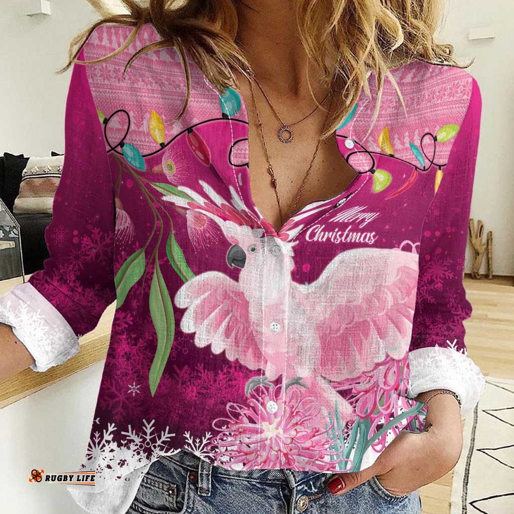 Pink Cockatoo Australia Christmas Women Casual Shirt Grevillea Eucalyptus Blossoms LT14