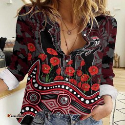 St Kilda Saints ANZAC Day Women Casual Shirt Indigenous Dot Art with Poppy Flower Tribute TS04