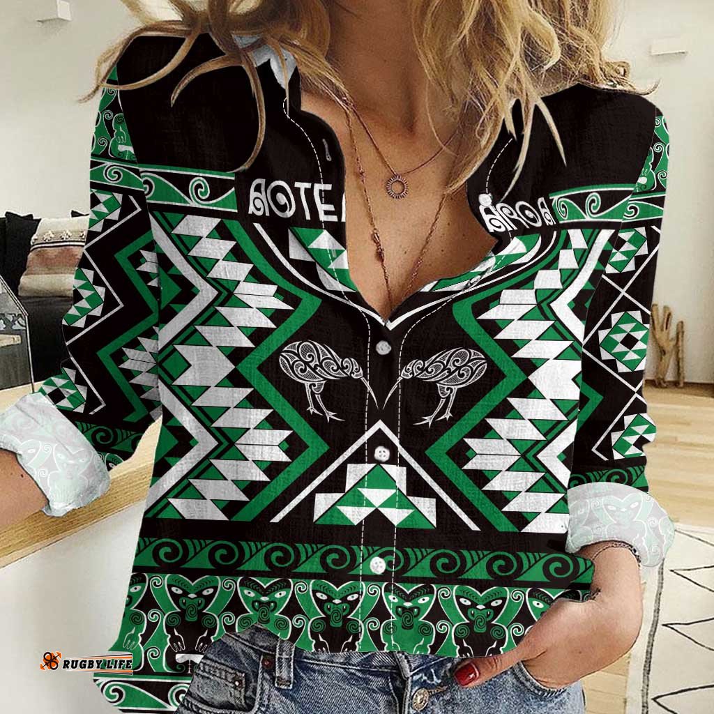 Personalised Taniko Motifs Aotearoa Women Casual Shirt Waitangi Kowhaiwhai Kiwi - Green LT7