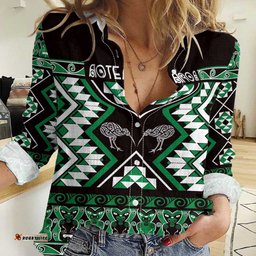 Personalised Taniko Motifs Aotearoa Women Casual Shirt Waitangi Kowhaiwhai Kiwi - Green LT7