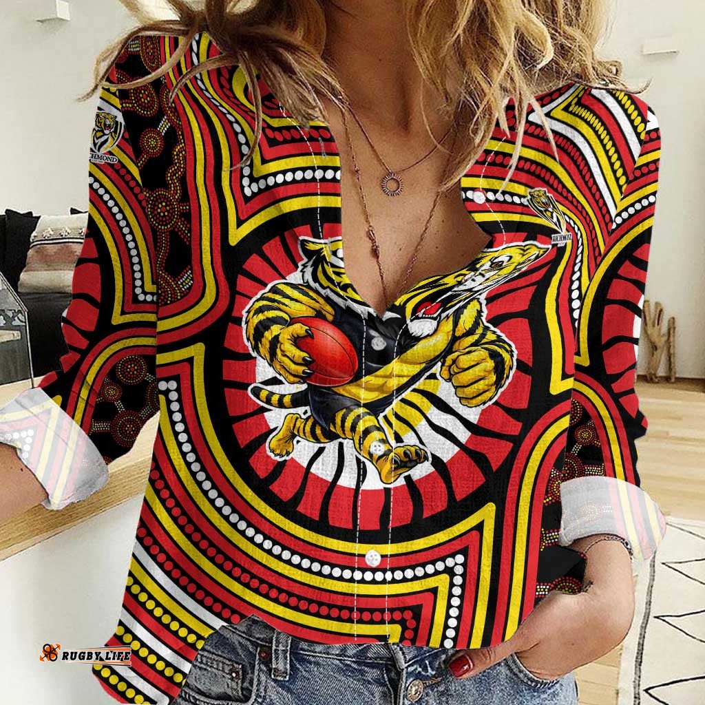 Richmond Football Club Women Casual Shirt Indigenous Monochrome Dot Art Mascot Style TS04