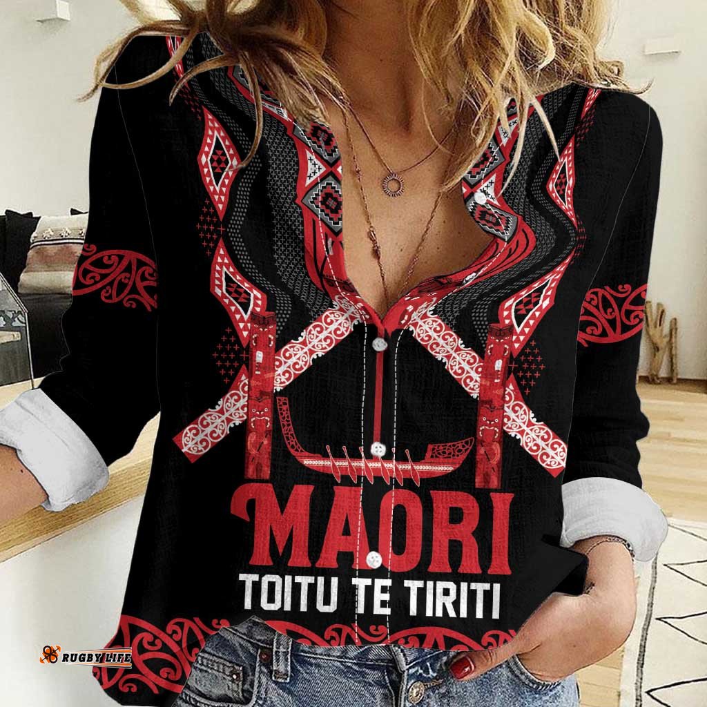 Toitu Te Tiriti Waitangi Women Casual Shirt Black Wharenui House LT9