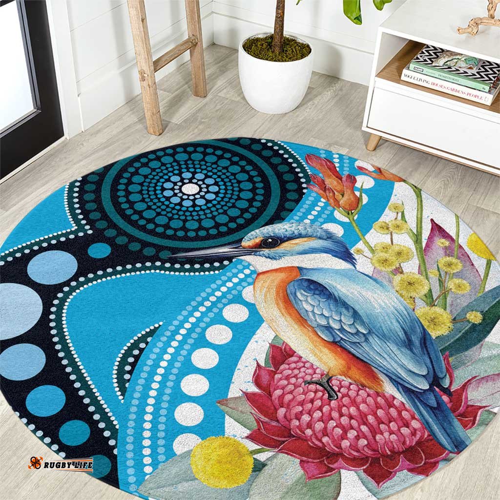 Australia Azure Kingfisher Round Carpet Australian Native Flowers Indigenous Art LT14