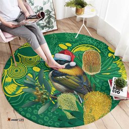 Aussie Honeyeaters Banksia Christmas Round Carpet Aboriginal Dots Painting Green Motif LT9