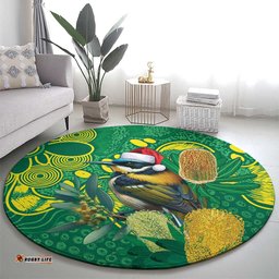 Aussie Honeyeaters Banksia Christmas Round Carpet Aboriginal Dots Painting Green Motif LT9