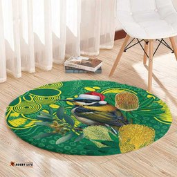 Aussie Honeyeaters Banksia Christmas Round Carpet Aboriginal Dots Painting Green Motif LT9