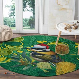 Aussie Honeyeaters Banksia Christmas Round Carpet Aboriginal Dots Painting Green Motif LT9
