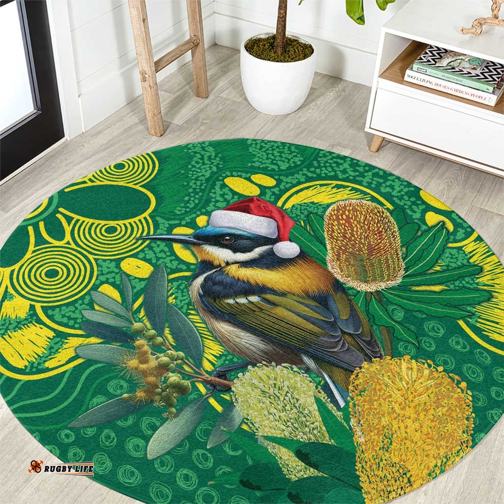Aussie Honeyeaters Banksia Christmas Round Carpet Aboriginal Dots Painting Green Motif LT9