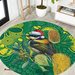 Aussie Honeyeaters Banksia Christmas Round Carpet Aboriginal Dots Painting Green Motif LT9